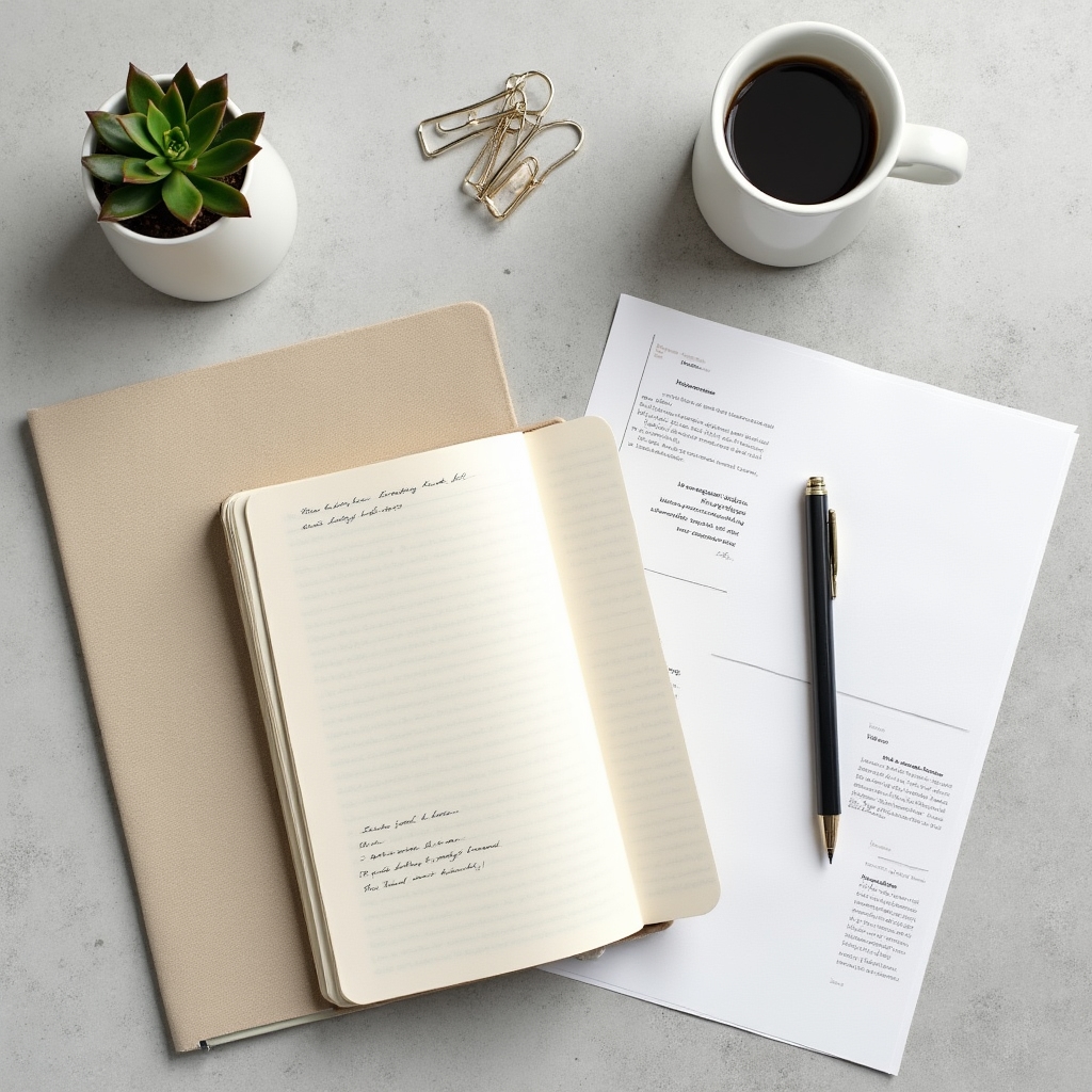 Documentos de comunicación institucional organizados en un escritorio profesional