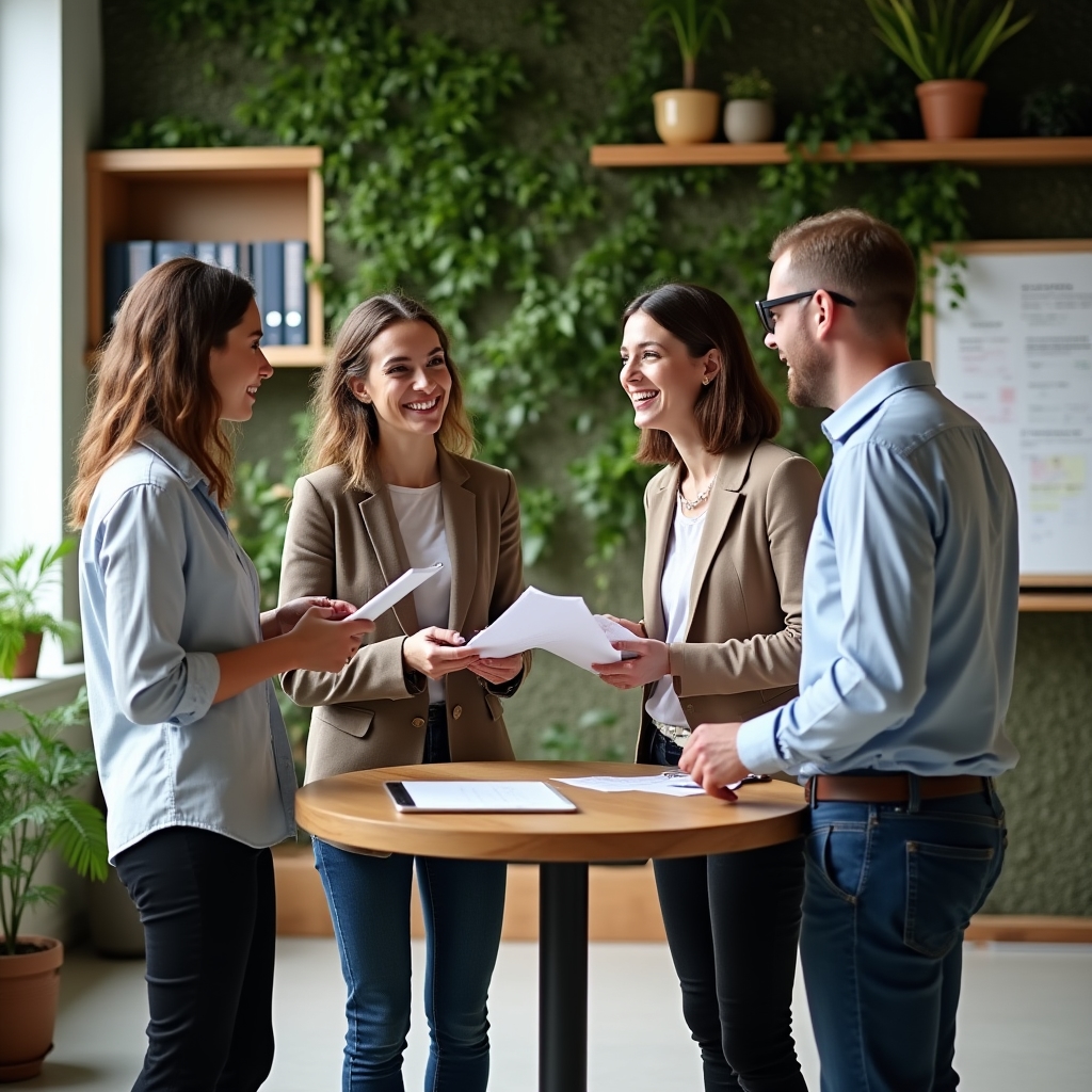 Equipo inmobiliario reunido alrededor de una mesa revisando materiales de comunicación interna