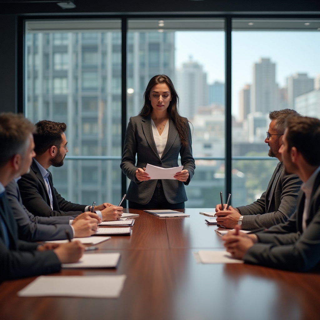 Presentación de proyecto inmobiliario siendo revisada en una sala de directorio