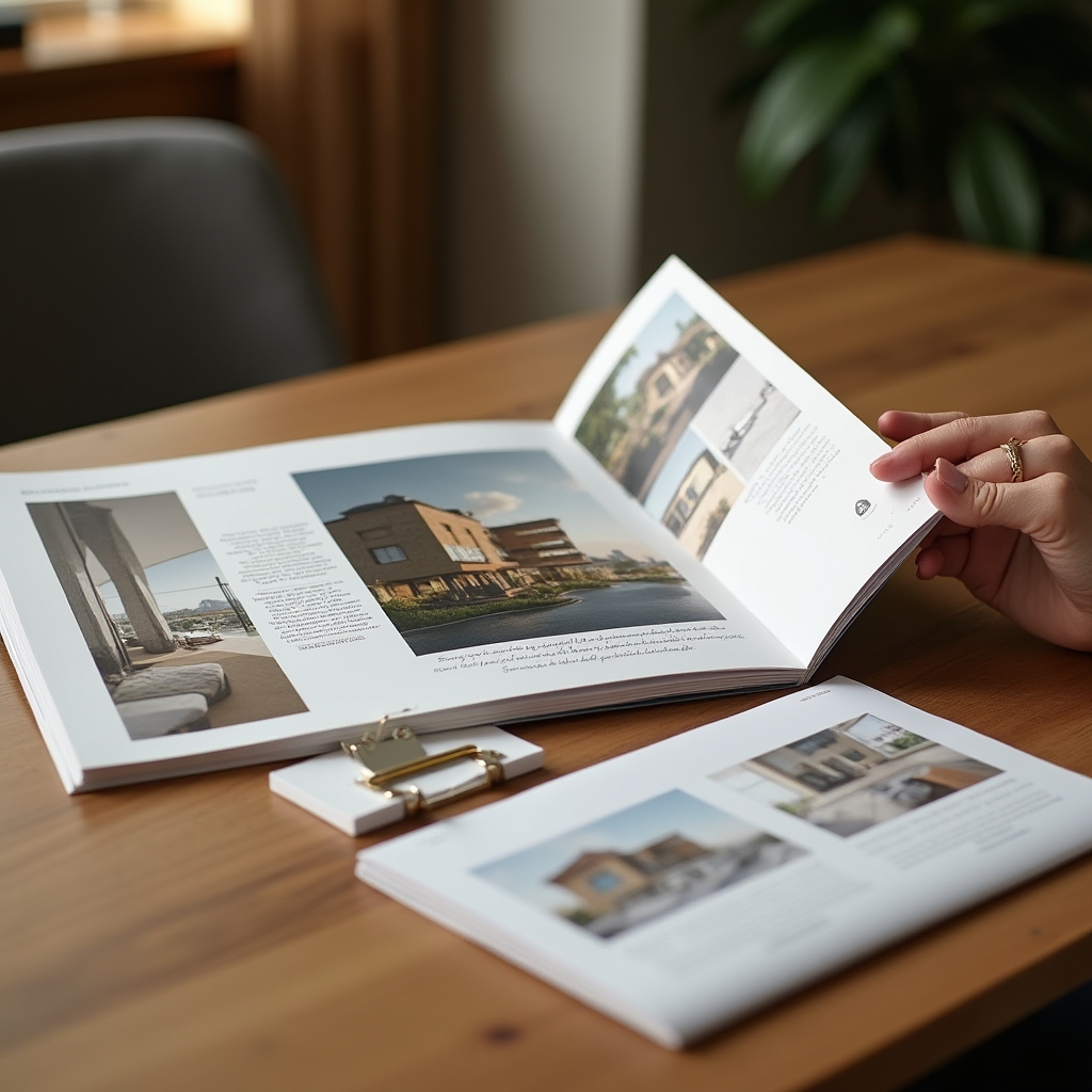 Folleto profesional de proyecto inmobiliario y materiales impresos sobre una mesa