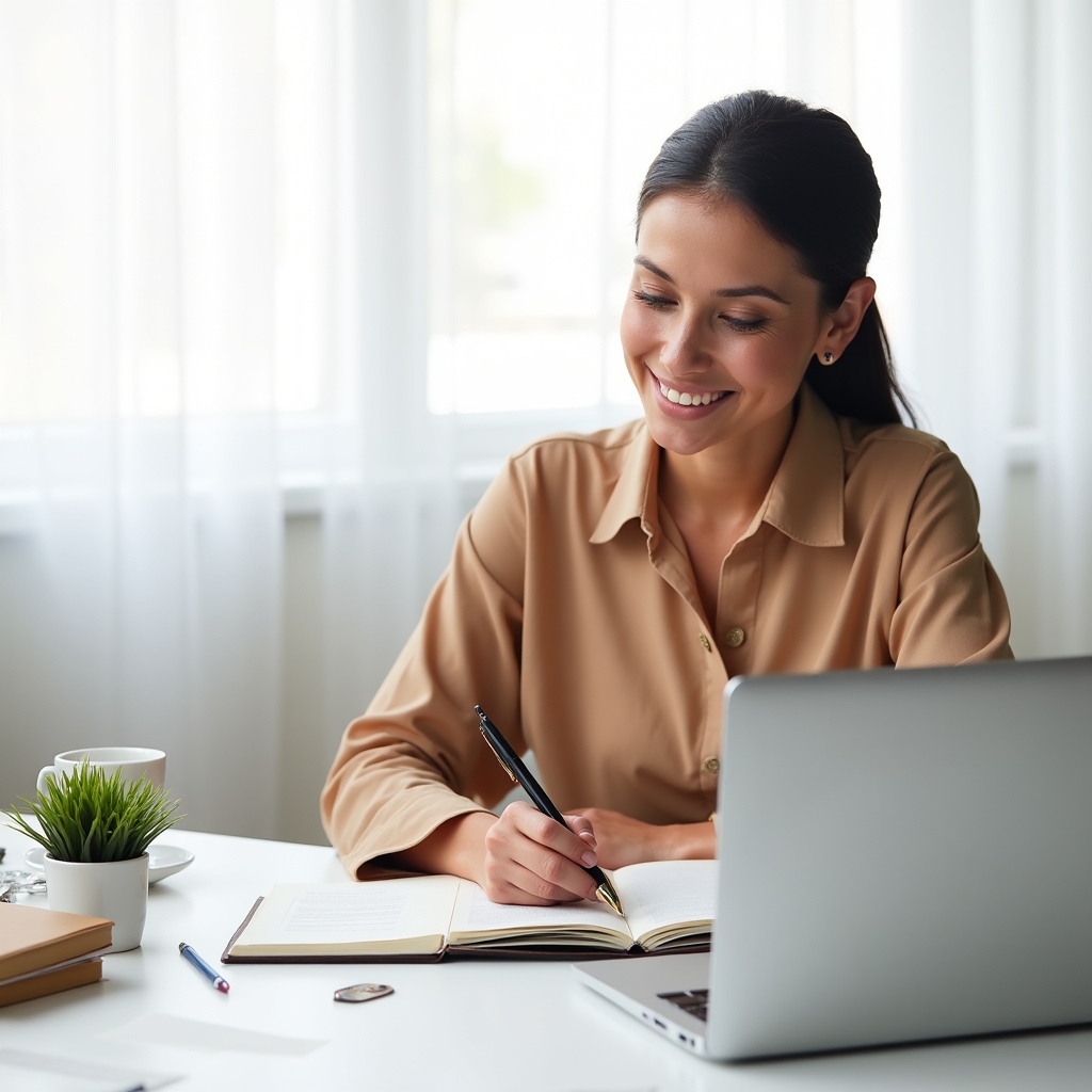 Senior writer working on real estate documentation at a clean desk